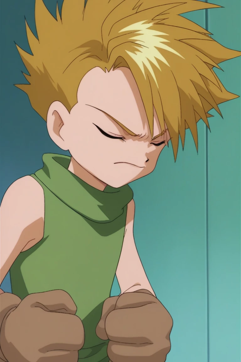 score_9, score_8_up, score_7_up, yamato ishida, blonde hair, blue eyes, solo, 1boy, male focus, closed eyes, sleeveless, spiked hair, green shirt, clenched hand, shirt, closed mouth, upper body, sleeveless shirt, brown gloves