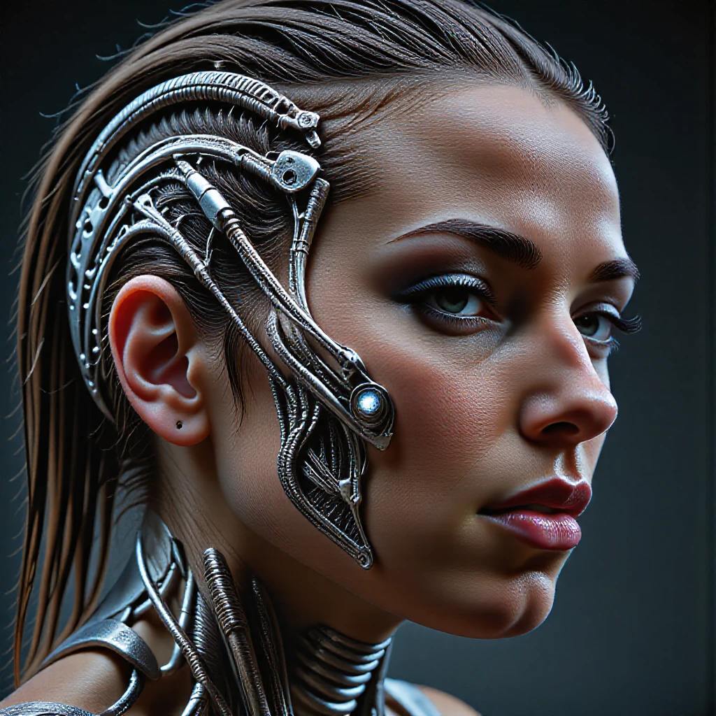 style of H. R. Giger, portrait of a biomechanical cybernetic person,  Fine silver wires threaded directly through flesh in graceful whorls and loops, hair-thin conduits catching the light, Discreet metallic ports flush with skin's surface, hinting at hidden augmentations beneath via circular or hexagonal shapes implants and augments,<lora:art and styles/style_of_H._R._Giger_FLUX_295-000006>,