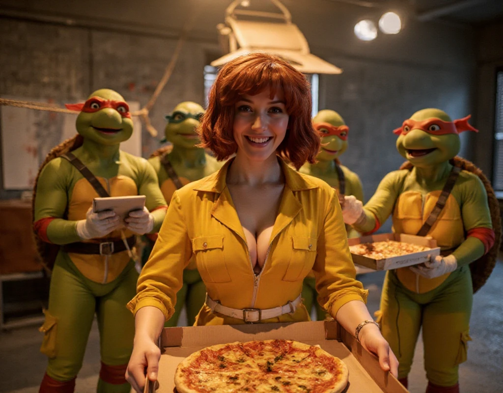 April wears a jumpsuit and is delivering pizza boxes to the teenage mutant turtles ninja <lora:April:0.9>