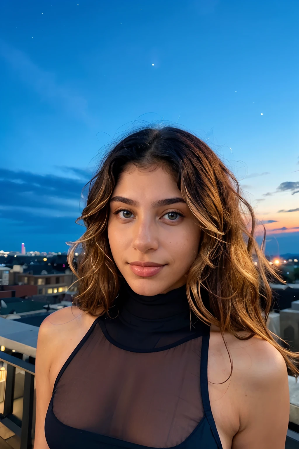 a (((close up))) photograph of (1girl, 21 years old, slight smile), <lora:ZH_IsaFerreira_v1SD15:1>, zh_isaferreira, solo, long hair, realistic, brown hair, looking at viewer, brown eyes, dark skin,  wearing (sheer sleeveless turtleneck dress)