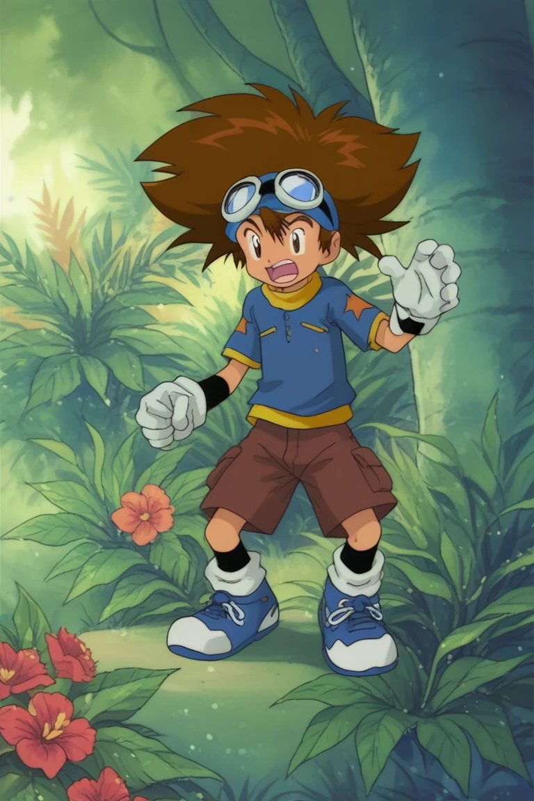 score_9, score_8_up, score_7_up, taichi yagami, brown hair, brown eyes, 1boy, gloves, male focus, goggles, solo, goggles on head, open mouth, tree, plant, white gloves, flower, spiked hair, blue shirt, socks, brown shorts