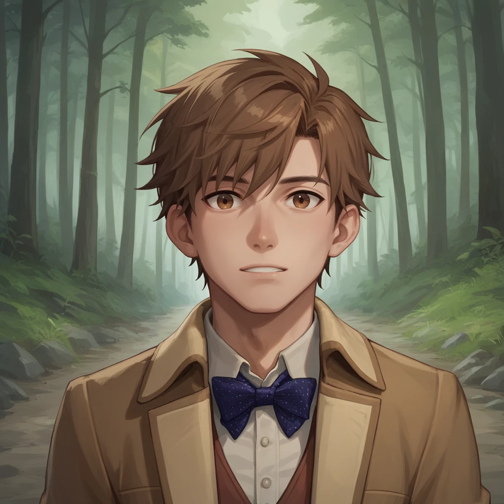 score_9_up, score_8_up, BREAK, StarterOutfit, MaleOutfit, 1boy, solo, brown hair, short hair, brown eyes, shirt, blue bowtie,  vest, long coat, upper body, outdoors, forest,  <lora:HogwartsLegacy_StarterOutfit_PXL_Leaf1:1>, looking at viewer,