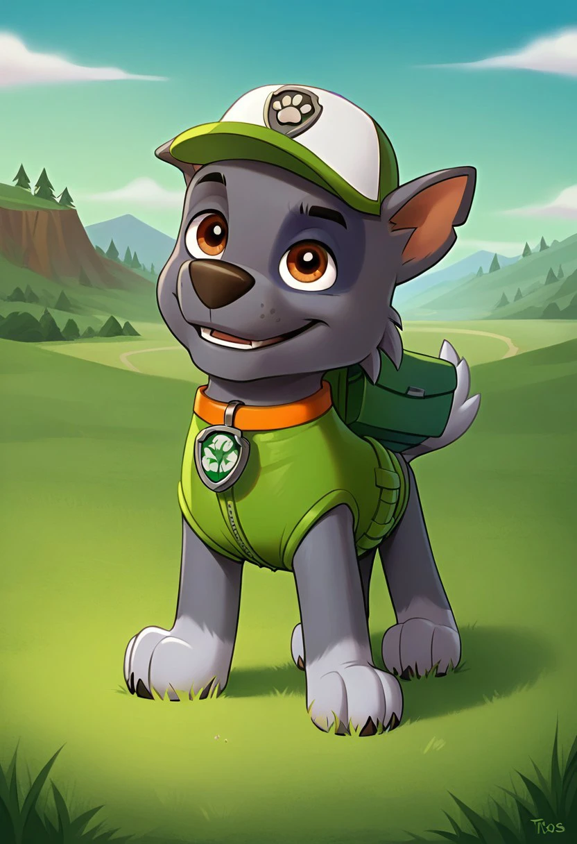 BREAK Score_9_up, Score_8_up, Score_7_up, source_anime, 1boy, solo, Rocky, feral, grey fur, white paws, white tip on tail, white tufts, grey circle around left eye, feral, grass, day, orange-brown eyes, orange collar, green vest, hat,