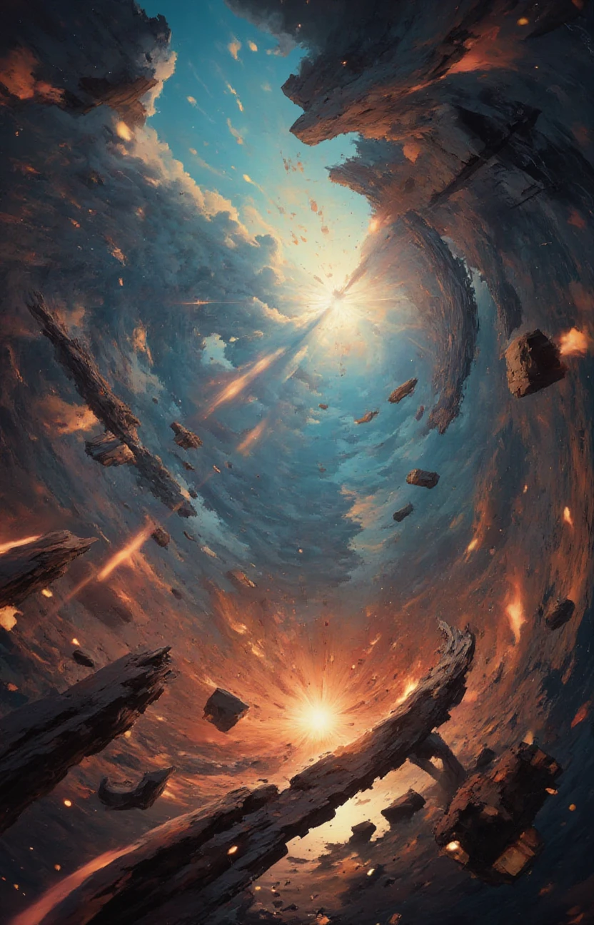 a fading illusion in a chaotic portal, wisdom and anger, dragons fall, clouds, backlit, atmospheric AF,<lora:- Flux1 - impossible_geometry_V1.0:1>