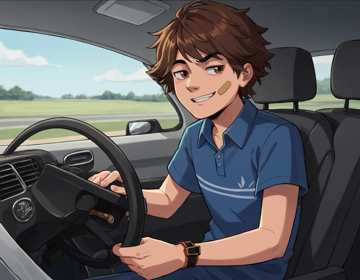 score_9, score_8_up, score_7_up, source_anime, anime illustration, masterpiece, best quality, lots of details, BREAK
1boy, solo, 18 years old, gregoryfnaf, brown hair, brown eyes, bandaid on face, watch, short hair, sunglasses, smug, collared shirt, short sleeves, driving a car