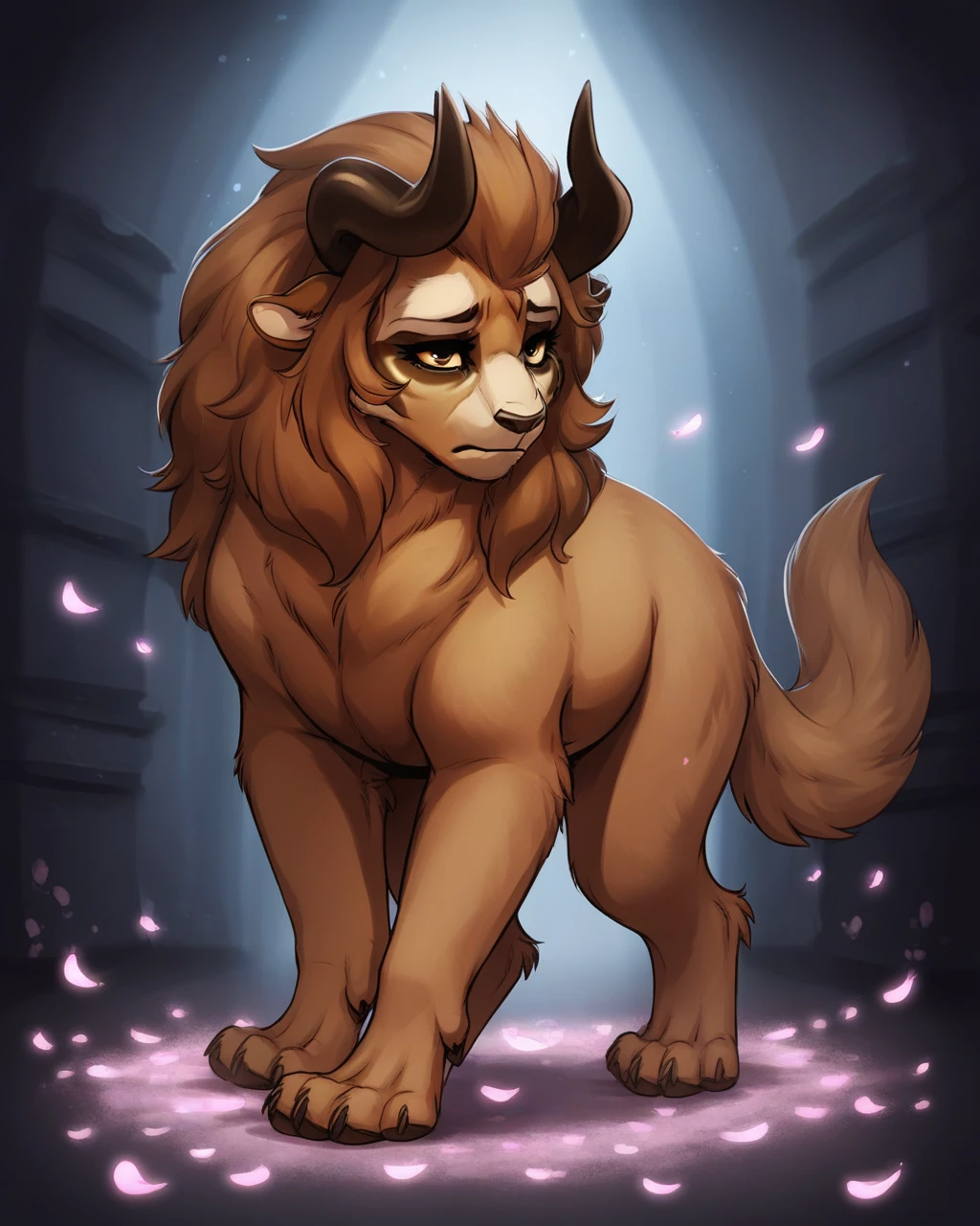 score_9, score_8_up, score_7_up, rating_explicit, source_furry, BREAK, female, (b3astb3ll3, anthro), hairy, (detailed fur, brown fur), (long beautiful hair), horns, beautiful eyes, pained expression, sad, [[[petals]]], BREAK, standing on hind legs, (feral:1.2), transformation, mid-transformation, castle <lora:BeastBelle-000010:0.9>