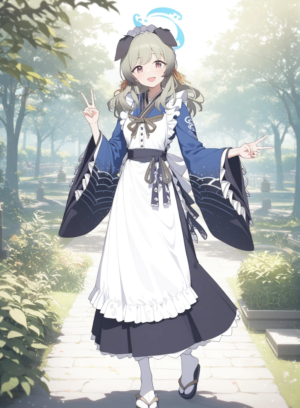 <lora:UMIKA_Blue_archive_SDXL:1>  umika_blue_archive, 1girl, animal ears, umika_outfit, wa maid, japanese clothes , :d , v , look at viewer , garden background , standing , full body, cute , masterpiece, best quality, 1girl, solo, cinematic, soft lighting, shine skin , light skin , 8k