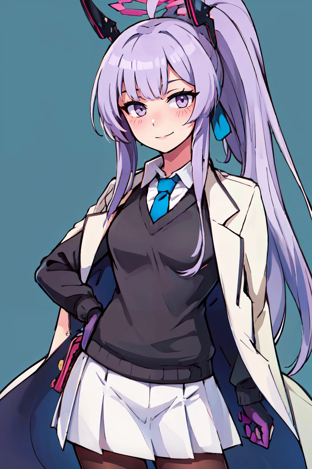 ((masterpiece,best quality)), absurdres, BREAK, , <lora:Utaha_BlueArchive_Citron:0.8>, zzUtaha, long hair, purple hair, halo, purple eyes, ponytail, headgear, long sleeves, solo, black gloves, white skirt, white jacket, black sweater, collared shirt, blush, white shirt, coat, sidelocks, pantyhose, blue tie, , BREAK, hip to the side, hand on hip, contrapposto,, BREAK, solo, smile, looking at viewer, cowboy shot,