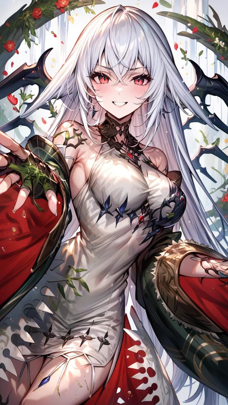 ,smile,looking_at_viewer,1girl,simple background,white background,viridia(f),white hair and red eyes,<lora:viridia:0.9>, masterpiece, best quality, very aesthetic, absurdres