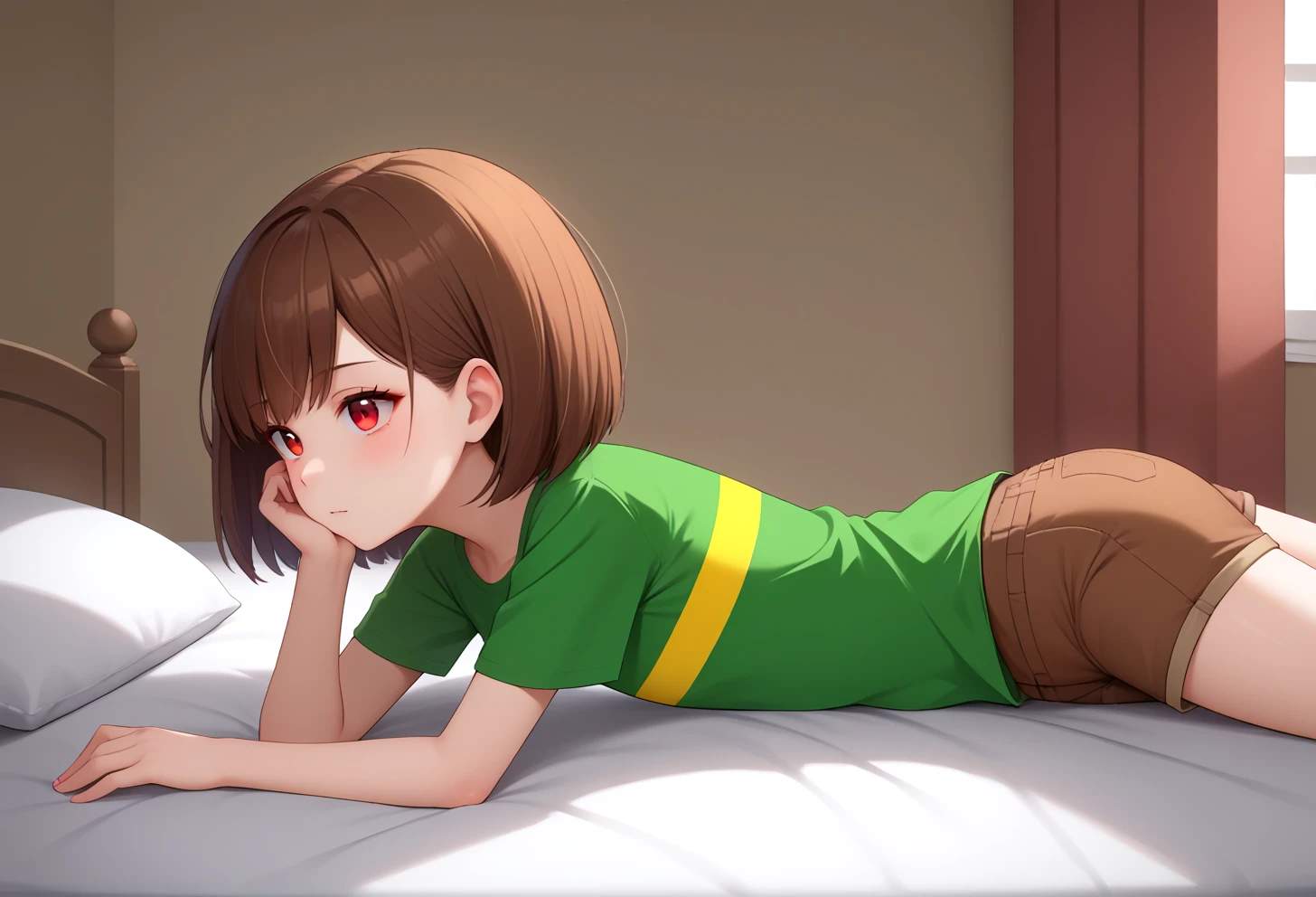 solo, 1girl, <lora:charalorac130:0.9>, solo, green shirt, short sleeves, yellow striped, red eyes, brown hair, short hair, brown shorts, shorts, lying, on stomach, on bed, from side, side view,
<lora:STYL-Expressive_H-000001:0.1>,
<lora:STYL-style_blend_25d_528_d32:0.4>, <lora:STYL-Smooth Anime Style LoRA XL:0.2>, BREAK
score_9, score_8_up, score_7_up, beautiful background, indoor, bedroom, bed,