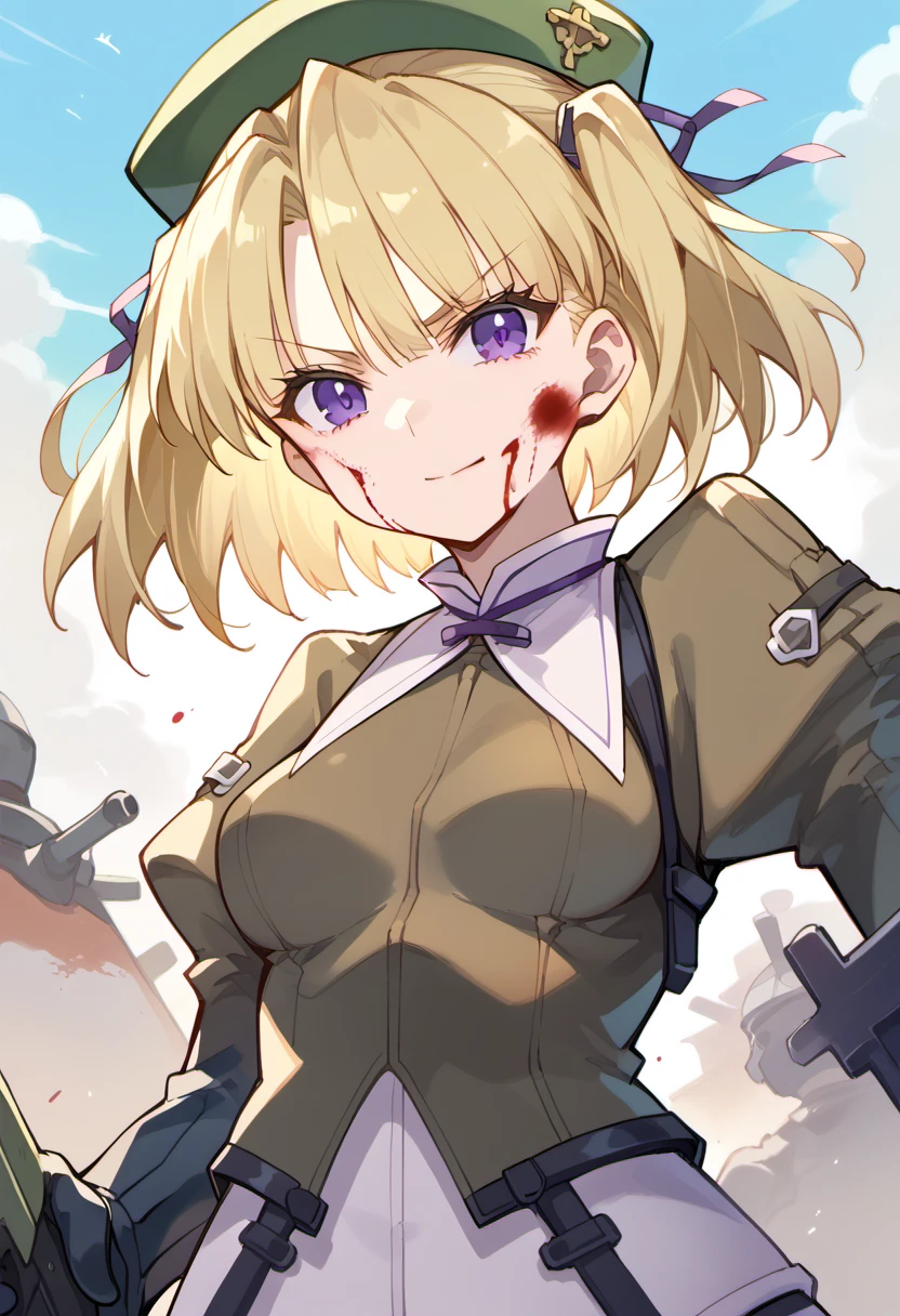 score_9, score_8_up, score_7_up, source anime, urza pranaice, 1girl, purple eyes, blonde hair, smile, short hair, beret, hair ribbon, ribbon, black gloves, medium breasts, military uniform, leotard under clothes, twintails, serious, holding sword, blood on face, holding gun, aiming, aiming at viewer, finger on trigger, battlefield, <lora:urza_pranaice-xl-pony-v1:1>, <lora:aim-xl-pony-v3:1>,