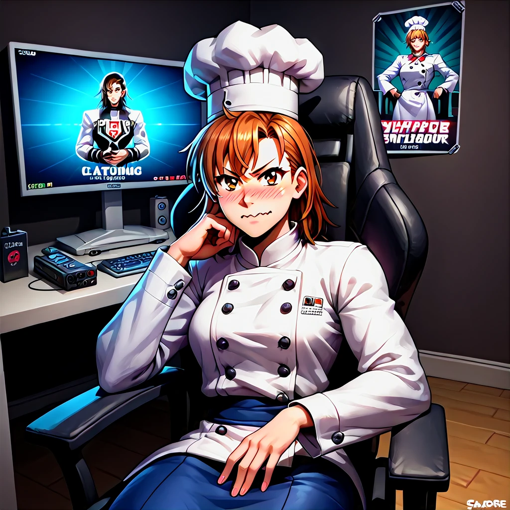 zPDXL2,, misaka mikoto, Streamer room, gaming chair, gaming PC, game equipment , TV monitor, posters , dark room, webcam, chat log, solo, looking at viewer, lounging, leaning back, elbow rest,  lounge chair, v-shaped eyebrows,  wavy mouth,  nose blush,  averting eyes,,1girl,solo, ( r9zri) BREAK, chef, chef hat , white coat, long sleeves,, sfw, masterpiece, best quality,absurderes