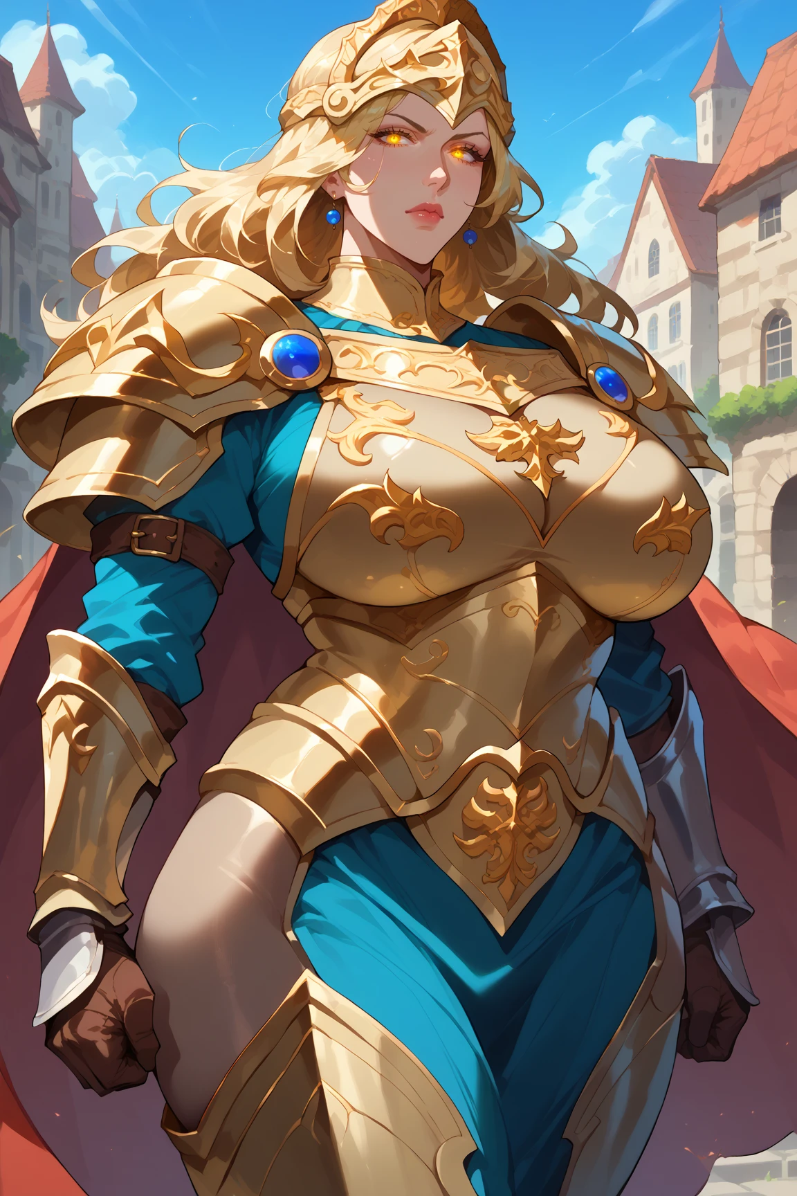 score_9, score_8_up, score_7_up, score_6_up, source_anime, 1girl, mature female, older, milf, motherly, huge breasts, wide hips, blonde hair, glowing eyes, full armor, golden armor, helmet, knight, (breastplate), cape, gauntlet, pauldron, fauld, cowboy shot, fantasy, medieval city, fighting stance, serious