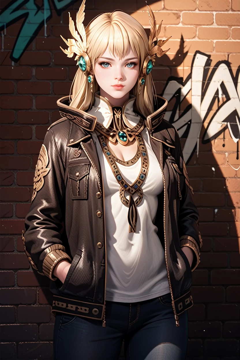 score_9, score_8_up, score_7_up,
<lora:LABeatrice:1.0>
LABeatrice, 1girl, long hair, blonde hair, hair ornament, looking at viewer, leaning against a brick wall, hands in jacket pockets, urban alleyway with graffiti art, moody lighting with shadows, edgy and modern vibe