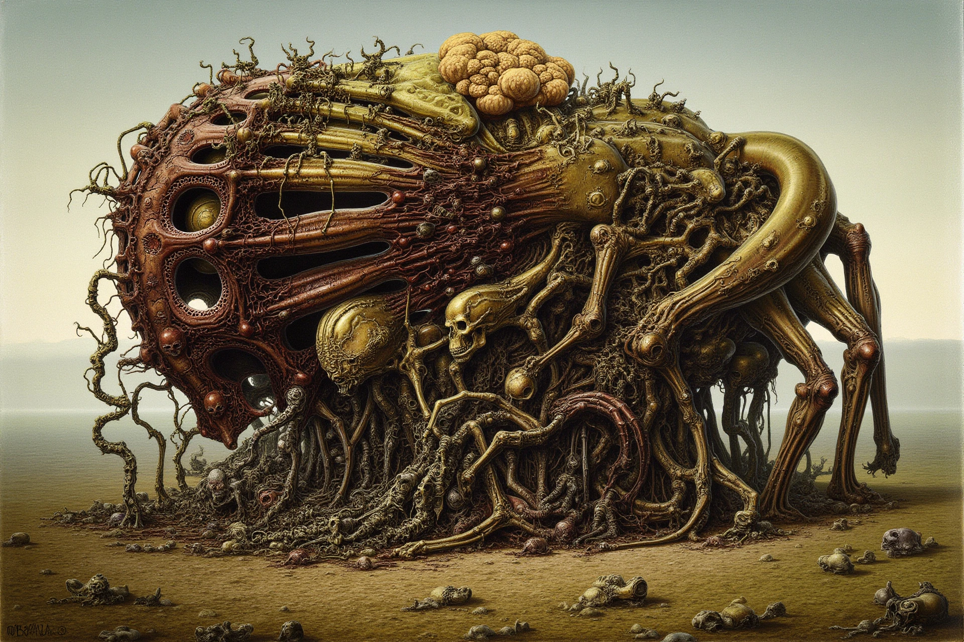 "An enormous hive, built from the broken bodies of countless creatures, stands in the center of a barren field. Its walls are made of twisted limbs, bones jutting out at unnatural angles, and pulsing veins that run through the structure like a circulatory system. Inside, countless malformed creatures crawl over one another, their bodies a grotesque mix of human, insect, and machine. Their limbs twitch and spasm as they climb the walls of the hive, merging with its living flesh as if seeking to be absorbed into the collective. At the heart of the hive, a massive, pulsating figure, covered in grotesque tumors and mechanical appendages, sits motionless, as smaller creatures scuttle over its body, feeding off its decaying form."<lora:atomeaser_v1:1>