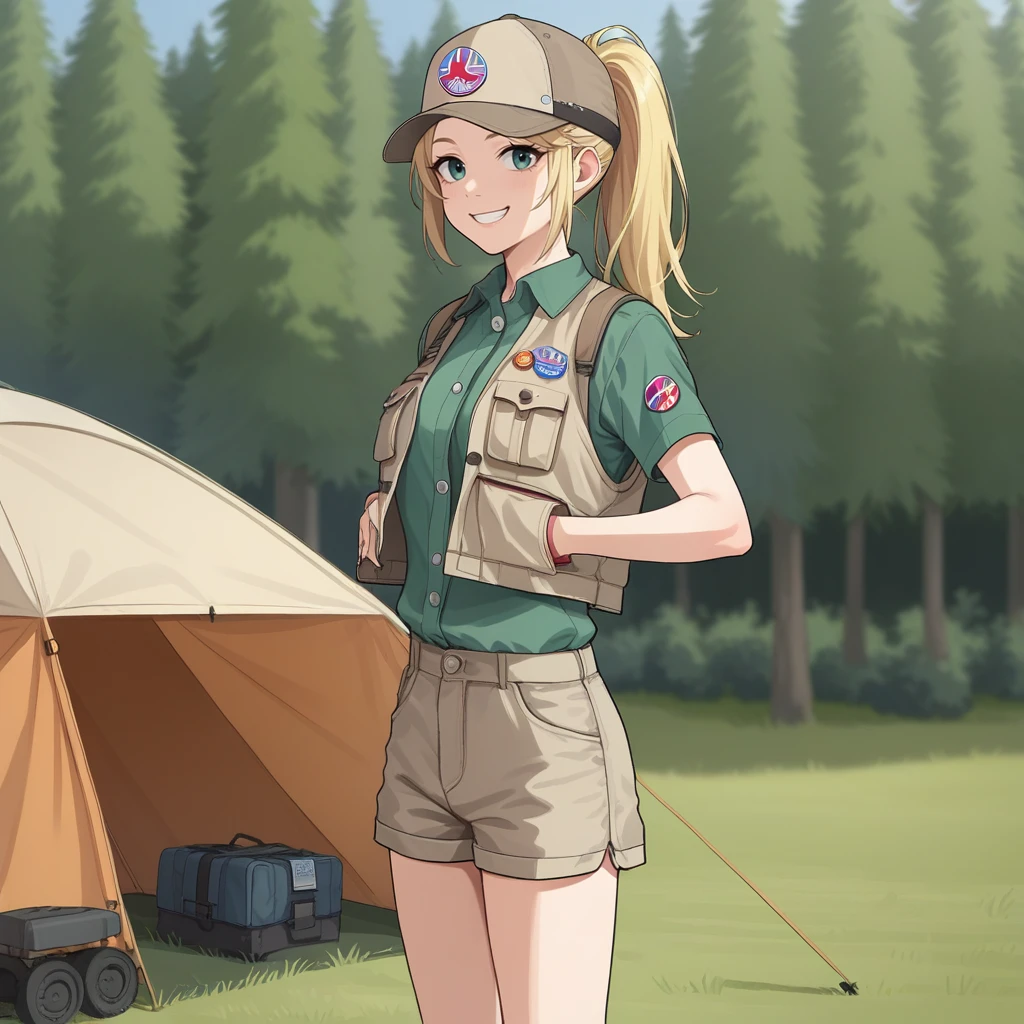 score_9, score_8_up, score_7_up, score_6_up, score_5_up, score_4_up, zPDXL2,source_anime,rating_questionable, 1girl, solo, camper outfit, girl scout, blonde hair, ponytail, khaki shorts, khaki vest, badges, green shirt, cap,  smile, <lora:Campsite:0.8> c4mps1te, outdoors, tent, day,