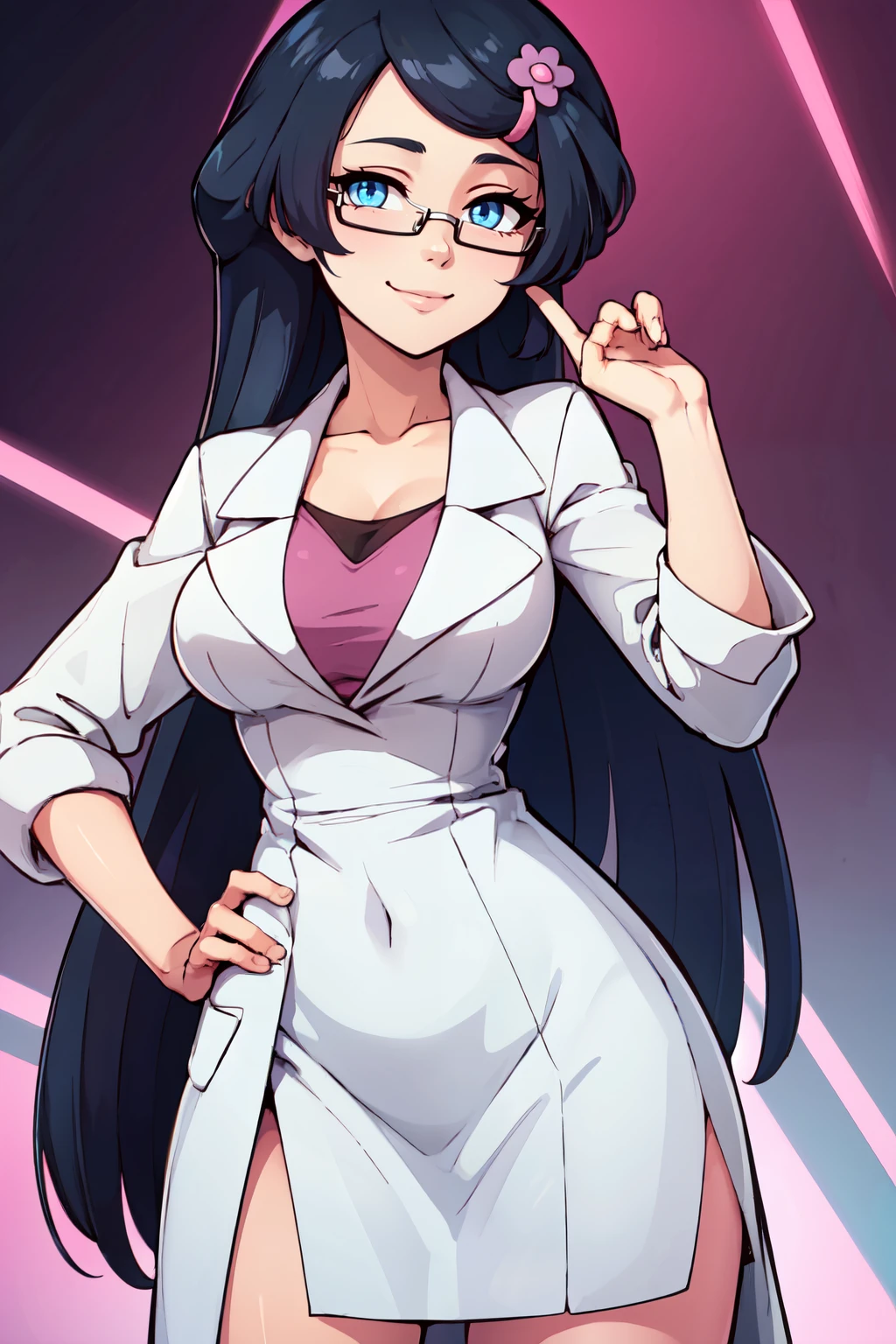 ((masterpiece,best quality)), absurdres,  BREAK, , <lora:Fennel_Pokemon:0.8>,  zzFennel, glasses, hair ornament, long hair, hairclip, blue eyes, black hair, large breasts.  (white labcoat:1), pink dress, , BREAK, hip to the side, hand on hip, contrapposto,, BREAK, solo, smile, looking at viewer, cowboy shot,