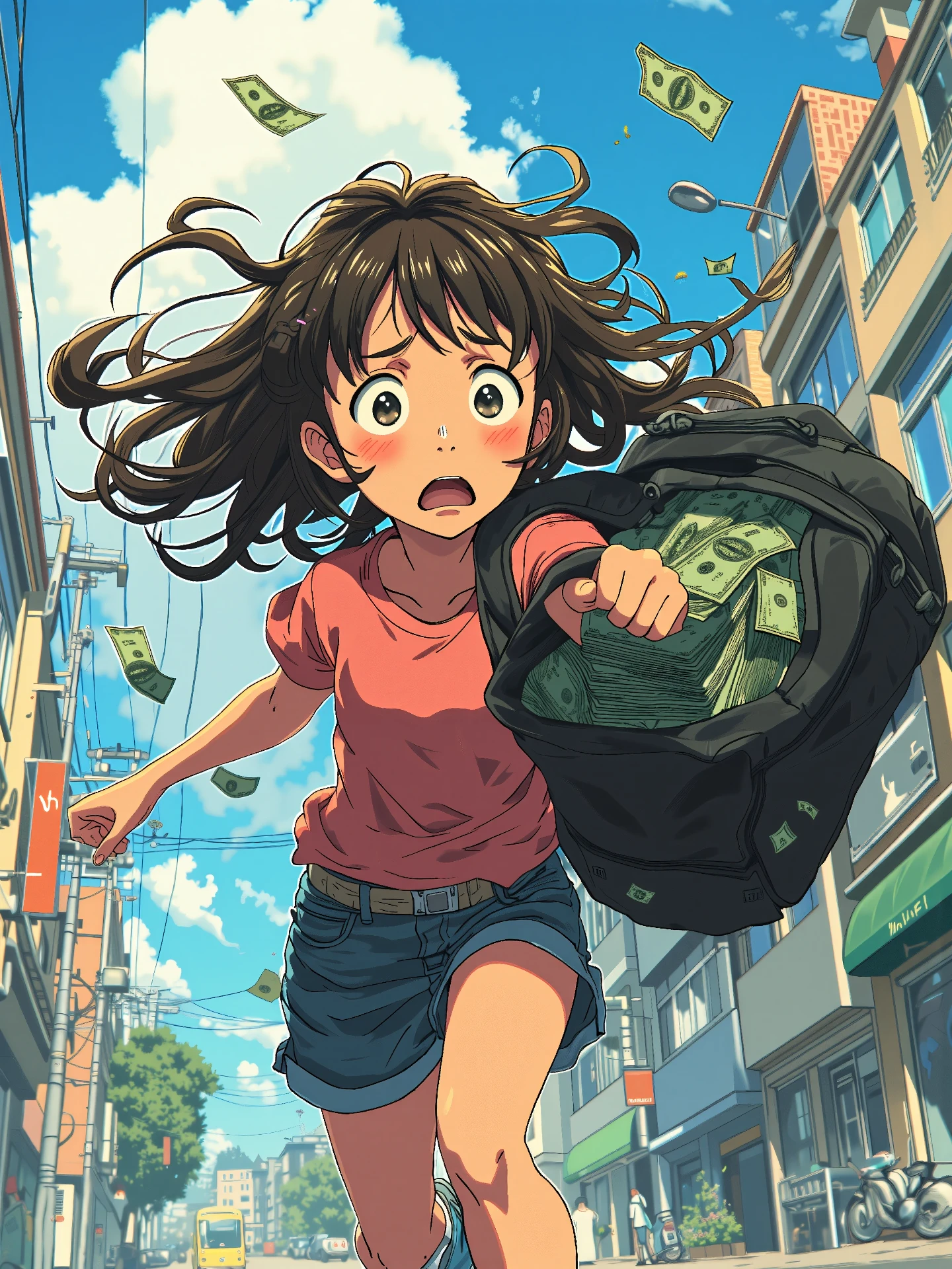 Best Quality, Japanese cartoon style, full body, beautiful, high school girl running urgently with a black gym dufflebag with full of cash, her grab the duffelbag with own both hands, scared face, Cash Flows From Duffle Bags <lora:MJanime_Flux_LoRa_v3_Final:1.0>