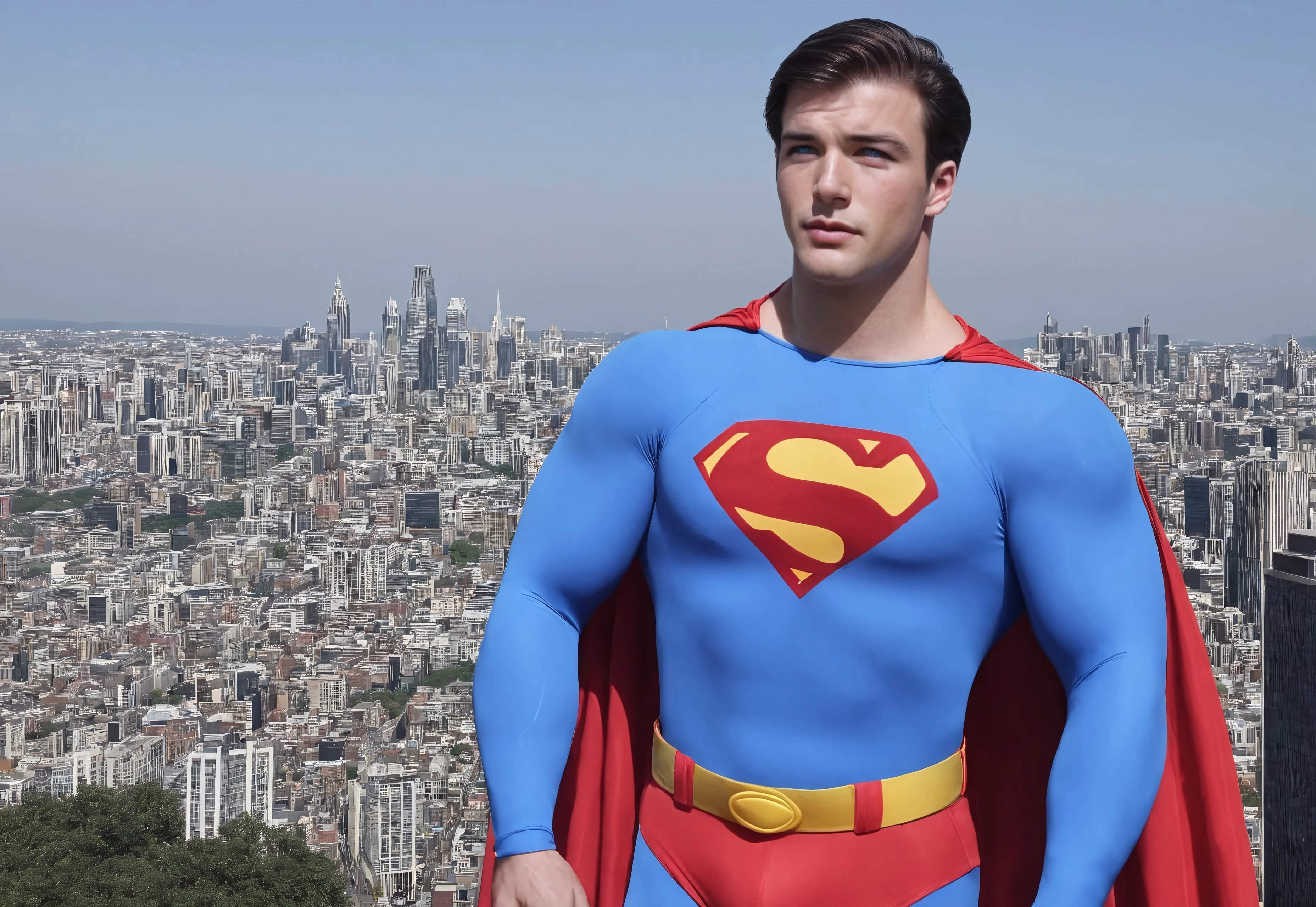 score_9, score_8_up, score_7_up, best quality, hyperrealistic, handsome european male, (short haircut), college age, young man, 1boy, ((solo)), handsome face, superman, male focus, superhero, cape, bodysuit, muscular, large muscles, looking at the sky, standing in metropolis, medium full shot