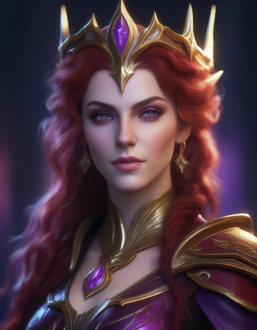 a woman princess of ice, volumetric lighting, highly detailed, style 3/4, Photorealism, Bokeh blur, High detail close-up head, facing camera, realistic digital painting, portrait of a gothic female blood elf, (curly hair:1.1), (purple, hair:1.3), magical dark and red universe, magic cloth armor, with red and yellow engrave in intricate details, (abstract, background:1.2), (light particle:1.1), (very detailed skin:1.2), (game concept:1.3), (elden ring style:1.3), (arcane style:0.8), (depth of field:1.3)