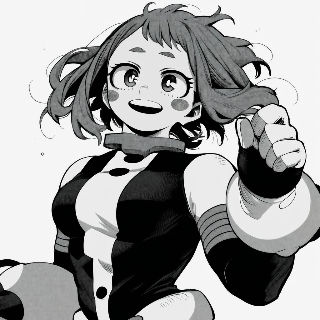 ochako_uraraka, 1girl, score_9, score_8_up, score_7_up, brown hair, brown eyes, white pupil, blush stickers, monochrome, greyscale, solo, smile, gloves, breasts, open mouth, bodysuit, white background, MANGASTYLE, ADULT