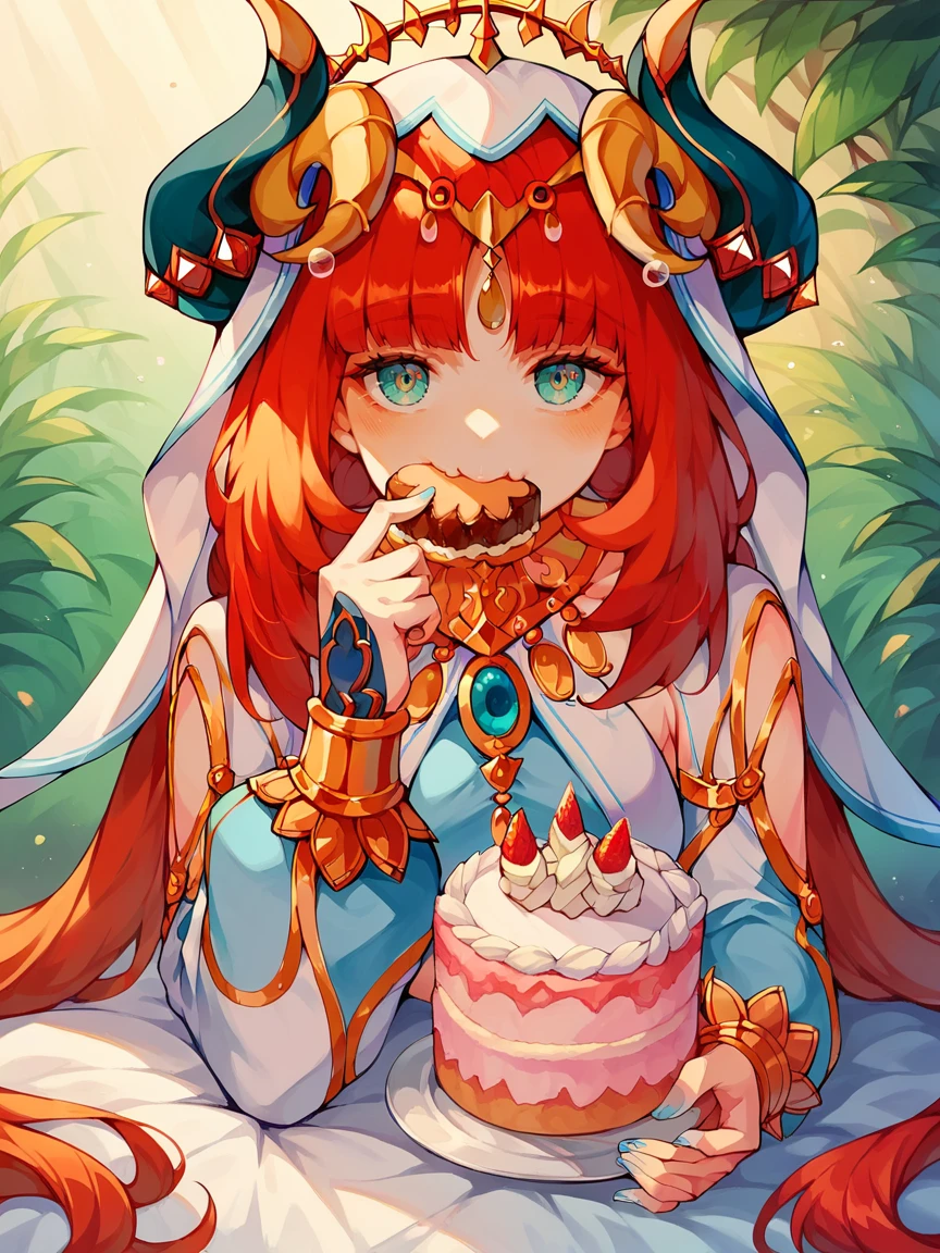 score_9, score_8_up, score_7_up, score_6_up, score_5_up,  <lora:nilouXLP:1> nilou, 1girl, horns, solo, red hair, long hair, veil, puffy long sleeves, twintails, eating cake,