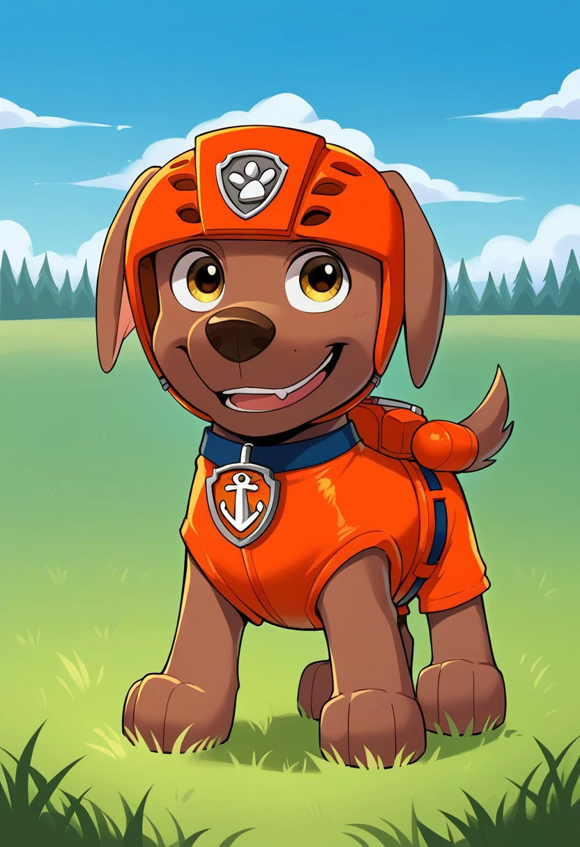 BREAK Score_9_up, Score_8_up, Score_7_up, source_anime, 1boy, solo, Zuma_Pp, dog, feral, wild, dark blue necklace, brown fur, amber eyes, dark blue necklace, orange water helmet, orange vest, orange shorts, grass, day,