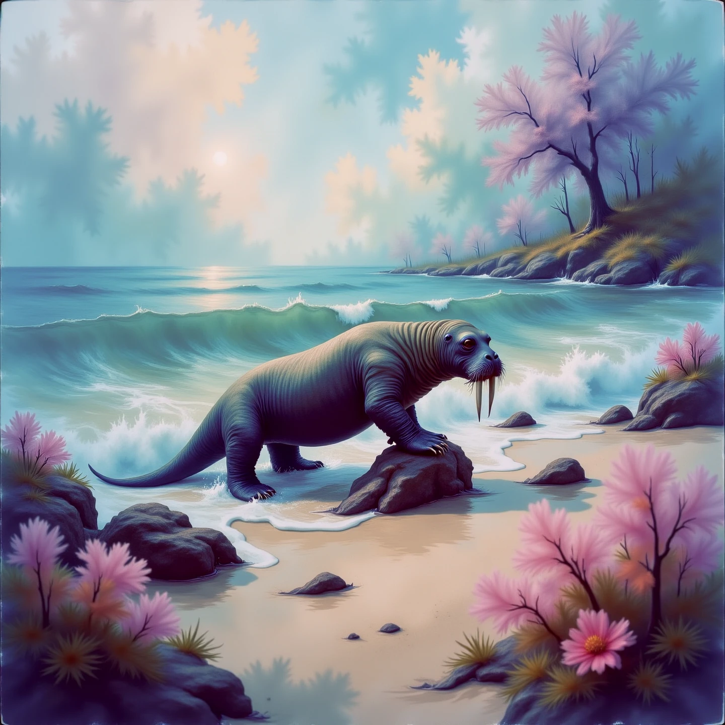 A pastel walrus creature, emerging from the ocean on four legs, crawling over rocks out of the water and onto the sandy beach. Surrounded by strange flowering flora.

Fantasy dreamlike art.

FntsyPstlCE style