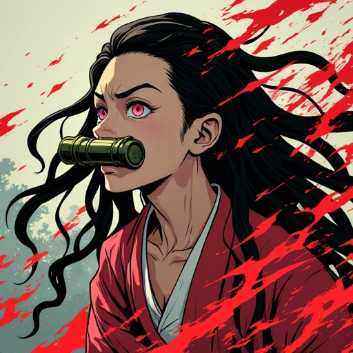 raging nezuko with bamboo mouth protector