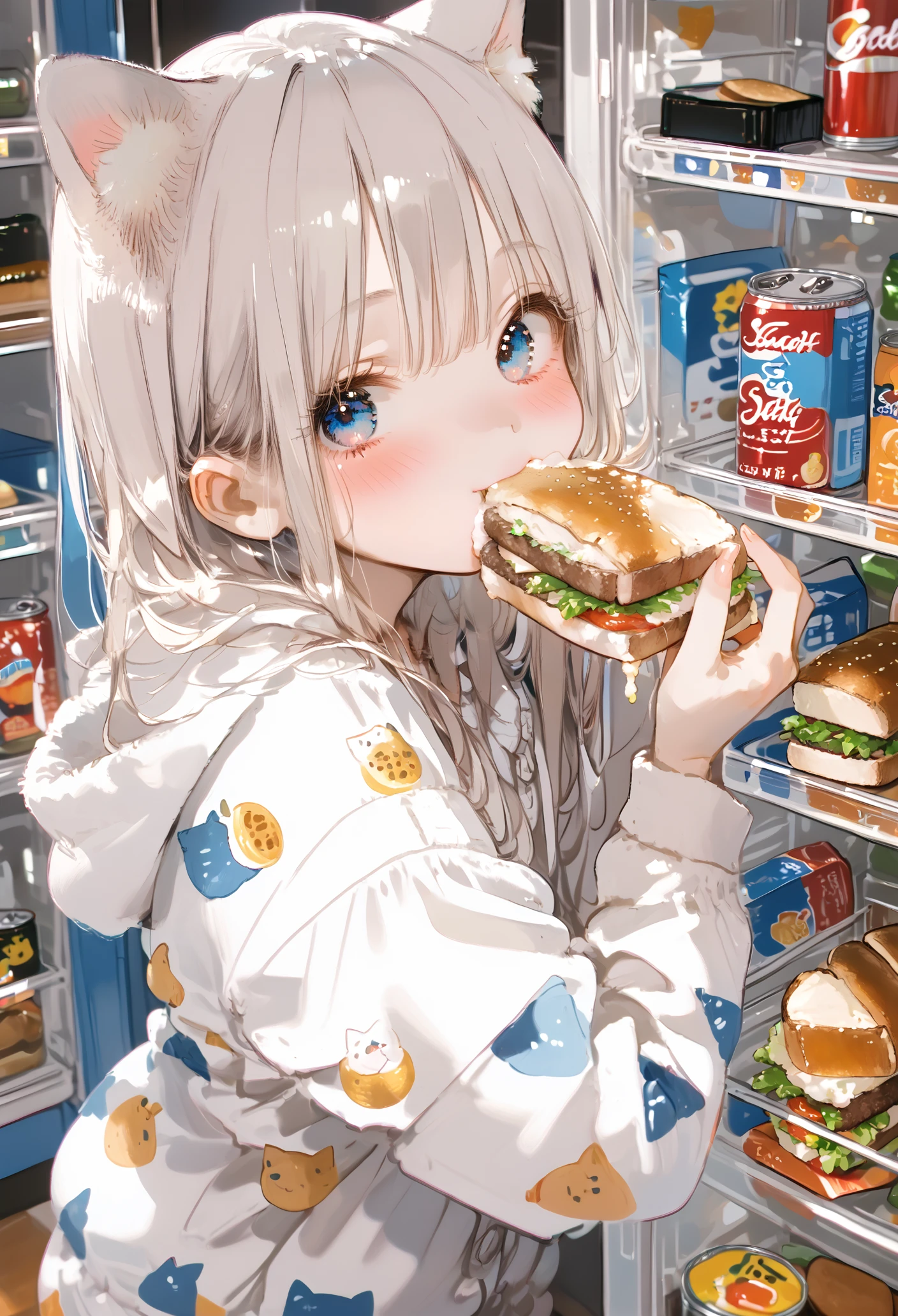 score_9, score_8_up, score_7_up, best quality, source_anime BREAK, ima_AI123, 1girl, animal ears, refrigerator, blue eyes, drink can, food in mouth, pajamas, hood down, looking at viewer, mouth hold, white hoodie, long hair, food print, grey hair, soda can, animal ear fluff, blush, sandwich, indoors, cat girl, long sleeves, bread, extra ears, tomato, eating, <lora:ima_AI123:1>