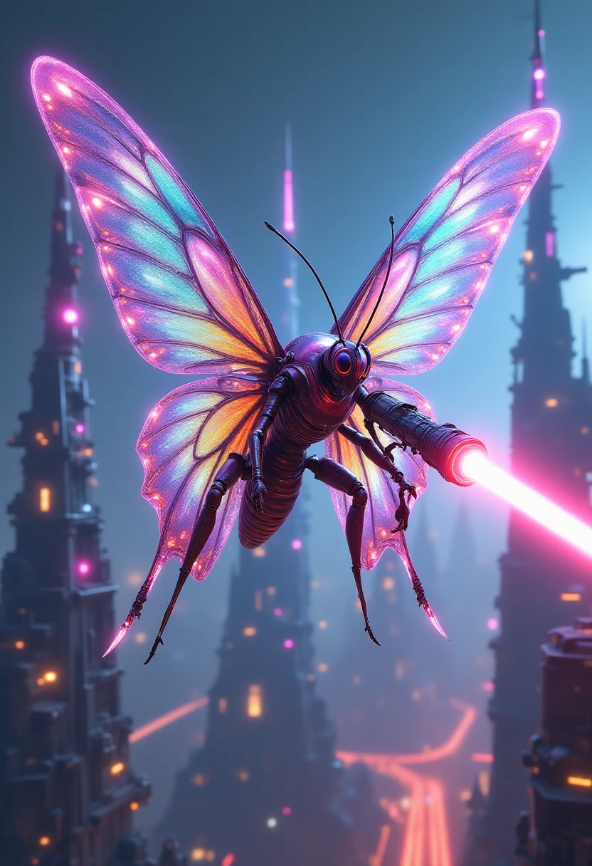 A rainbow-colored butterfly commander with holographic wings that form an energy shield and a light-saber glaive. The butterfly is floating above a futuristic battlefield, its wings shimmering in psychedelic patterns as it uses telekinesis to manipulate its weapon. The aesthetic is a dazzling mix of vibrant colors and metallic sci-fi environments, with an ethereal, almost dreamlike quality similar to surrealist fantasy artwork. , InsectCommandos