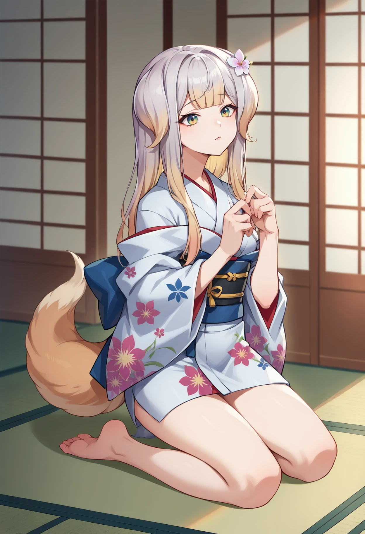 score_9, score_8_up, source_anime, 1girl, solo, RuriShioriha, multicolored eyes, multicolored hair, long hair, animal ears, tail, indoors, kimono, hair flower, floral print, wariza, kneeling, <lora:ChamRuriShiorihaPonyXL:1>