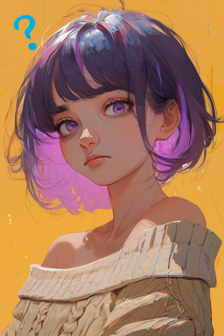 score_9, score_8_up, score_7_up, source_anime, hi res, masterpiece, best quality, highres, WCAS_PS, WTCLR_Type, twins abstract, 1girl, bare shoulders, off-shoulder sweater, sidelocks, 1girl, purple hair, looking at viewer, sweater, yellow background, !?, colored inner hair, highres, solo, purple eyes