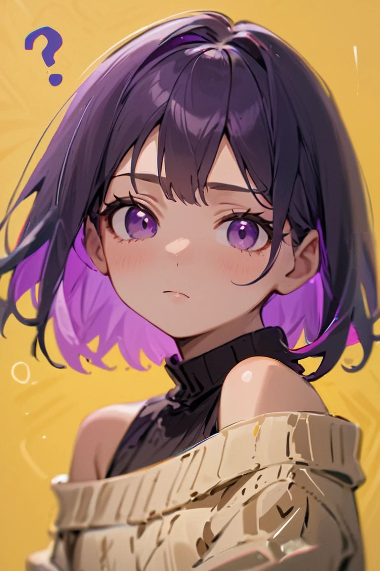 score_9, score_8_up, score_7_up, source_anime, hi res, masterpiece, best quality, highres, WCAS_PS, ANM_Type, twins abstract, 1girl, bare shoulders, off-shoulder sweater, sidelocks, 1girl, purple hair, looking at viewer, sweater, yellow background, !?, colored inner hair, highres, solo, purple eyes