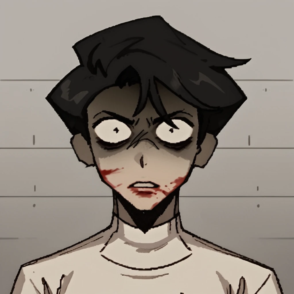 Expressiveh,concept art,dark theme,vincent_charbonneau,black hair,bags under eyes, restricted pupils, stern, shadow on face, bust shot, looking at viewer, white shirt, shaded face, blood on face, serious, calm