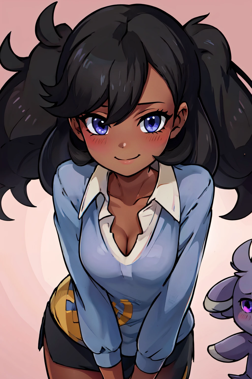 ((masterpiece,best quality)), absurdres,  BREAK, , <lora:Emma_Pokemon:0.8>, zzEmma, long hair, black hair, dark skin, dark-skinned female, bangs, blue eyes, twintails, eyelashes, white shirt, purple eyes, collared shirt, collarbone, hair between eyes,, BREAK, leaning forward, head tilt, blush,, BREAK, solo, smile, looking at viewer, cowboy shot,