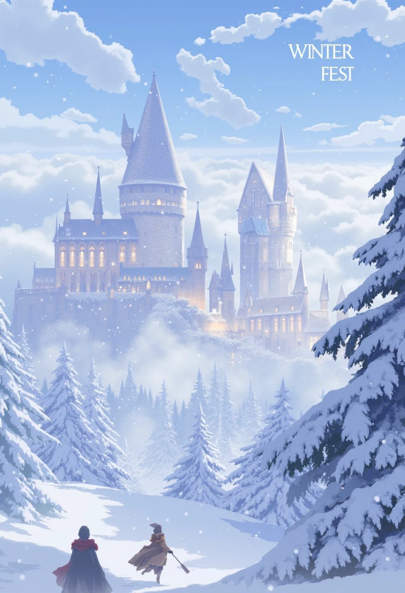 This is a digital illustration in a whimsical, fantasy style, reminiscent of a magical or enchanted world. The scene features a serene, snowy landscape with intricate, snow-covered turrets and spires of a grand castle, bathed in soft, ethereal light. The castle, with its Gothic architecture, is a central focus and appears to be a magical, mystical structure, possibly inspired by Hogwarts from the Harry Potter series, "Winter Fest" is at top right