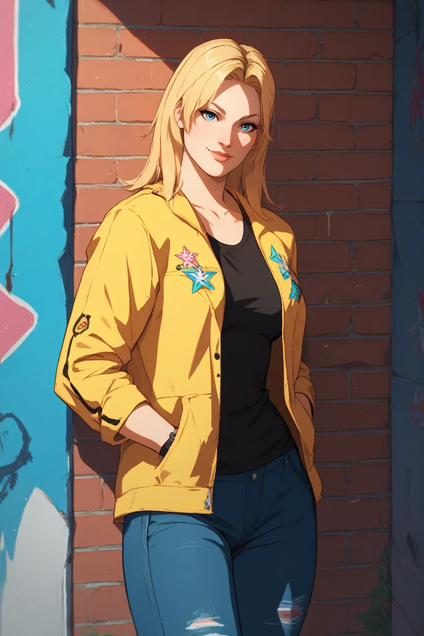 score_9, score_8_up, score_7_up, score_6_up
<lora:DOATina:0.9>
DOATina, 1girl, blonde hair, blue eyes, looking at viewer, playful smile, standing, hands in pockets, leaning against wall, graffiti-covered alley, evening light, vibrant colors