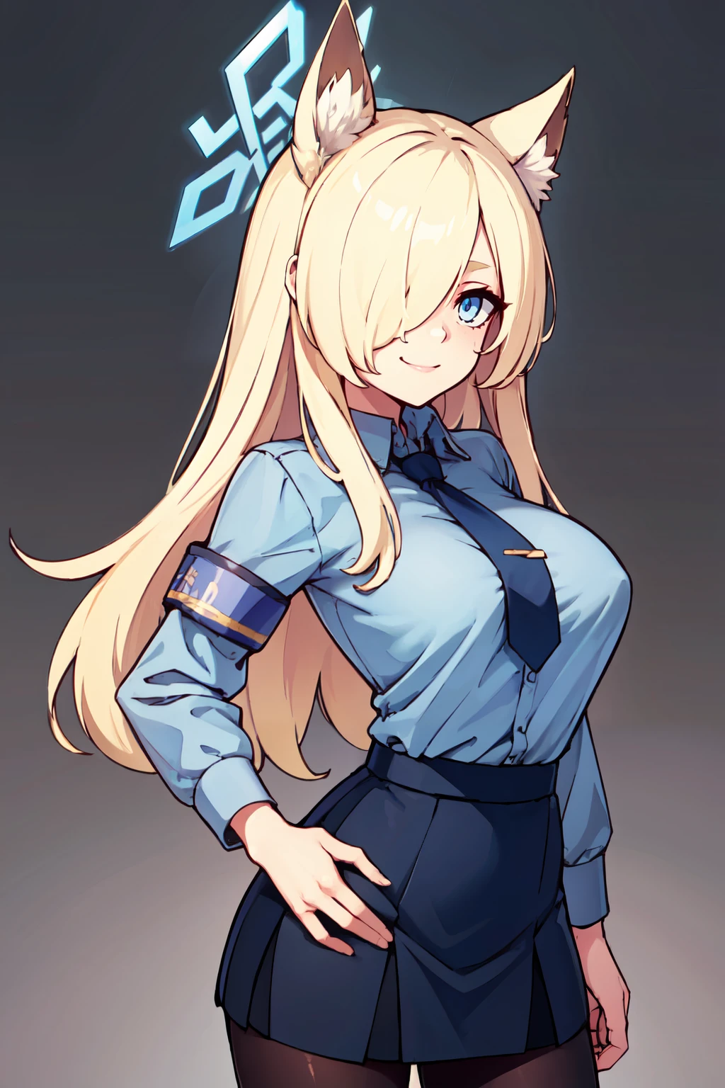 ((masterpiece,best quality)), absurdres,  BREAK, , <lora:Kanna_BlueArchive_Citron:0.8>, zzKanna, blonde hair, long hair, animal ears, blue halo, hair over one eye, blue eyes, breasts, large breasts, extra ears, dog ears black jacket, blue shirt, collared shirt, holding cup, blue necktie, black pantyhose, blue skirt, armband, looking at viewer, simple background , BREAK, hip to the side, hand on hip, contrapposto,, BREAK, solo, smile, looking at viewer, cowboy shot,