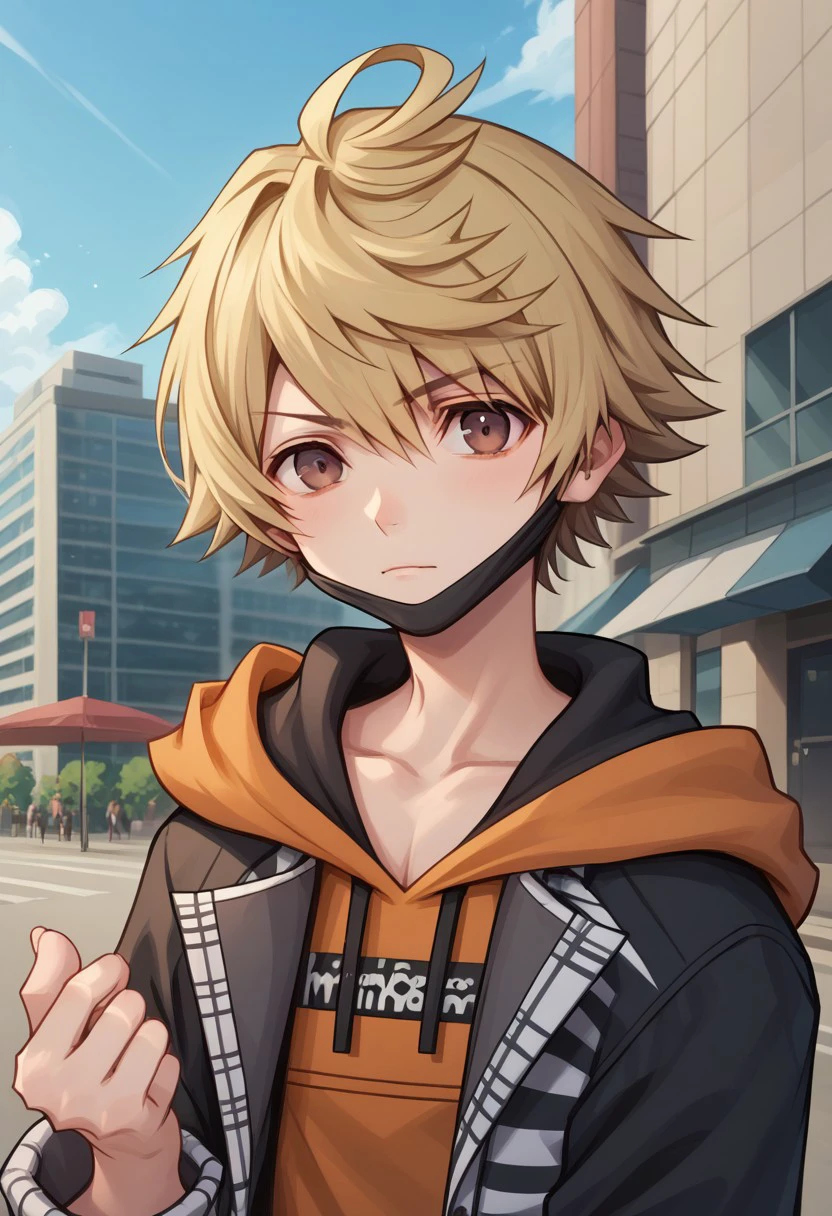 score_9, score_8_up, score_7_up, source_anime, highly detailed, 
rindokanade, 1boy, male focus, solo, hood, hoodie, blonde hair, mask, mouth mask, jacket, upper body, brown eyes,
short hair, hood down, mask pull, looking at viewer, long sleeves, thinking, bangs, hand up, open clothes,
black jacket, hand in pocket, open jacket, collarbone,
outdoor, sky, cloud, building, street