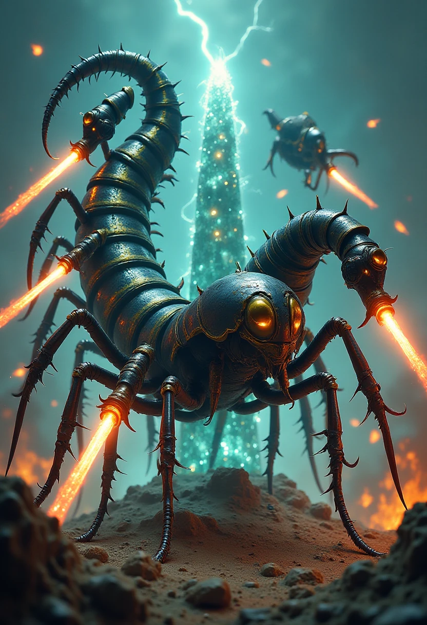 A black-and-gold centipede knight with iridescent plates, each section of its body wielding a different medieval-style energy weaponâone section has a plasma sword, another an electric mace, and yet another a glowing shield. The centipede coils around a massive, crystal obelisk, defending it against a horde of biomechanical enemies. The scene is bizarre and dynamic, capturing the fusion of medieval knight combat with wildly imaginative sci-fi elements, in a style reminiscent of a Heavy Metal magazine illustration. , InsectCommandos