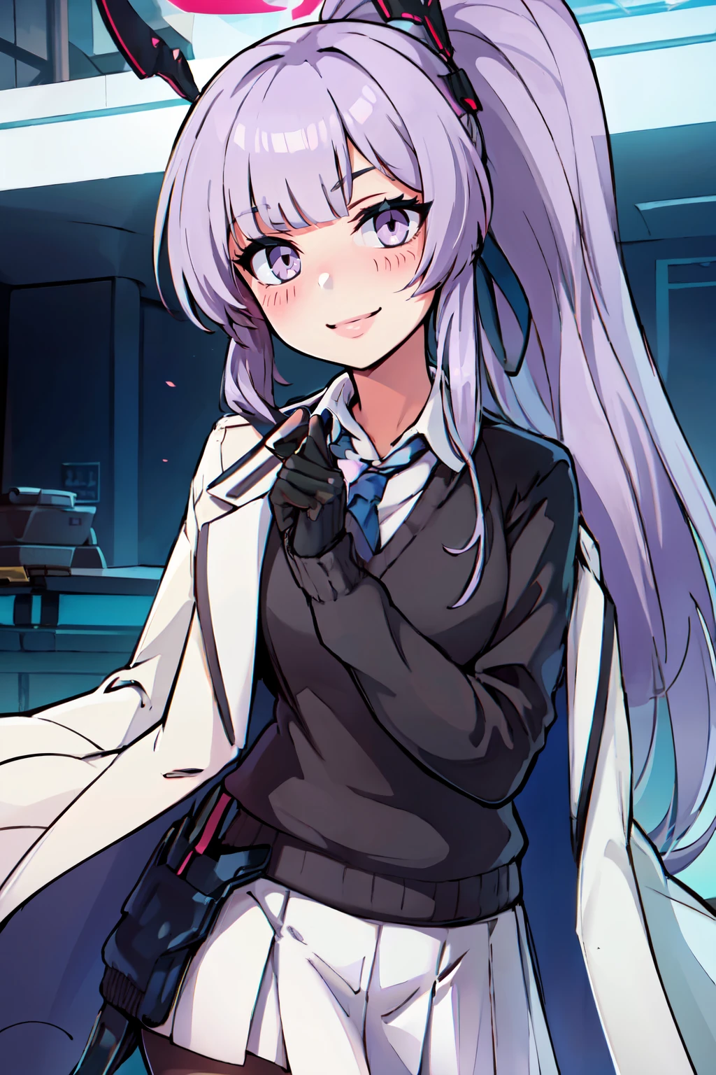((masterpiece,best quality)), absurdres, BREAK, , <lora:Utaha_BlueArchive_Citron:0.8>, zzUtaha, long hair, purple hair, halo, purple eyes, ponytail, headgear, long sleeves, solo, black gloves, white skirt, white jacket, black sweater, collared shirt, blush, white shirt, coat, sidelocks, pantyhose, , BREAK, leaning forward, head tilt, blush, upper body,, BREAK, solo, smile, looking at viewer, cowboy shot,