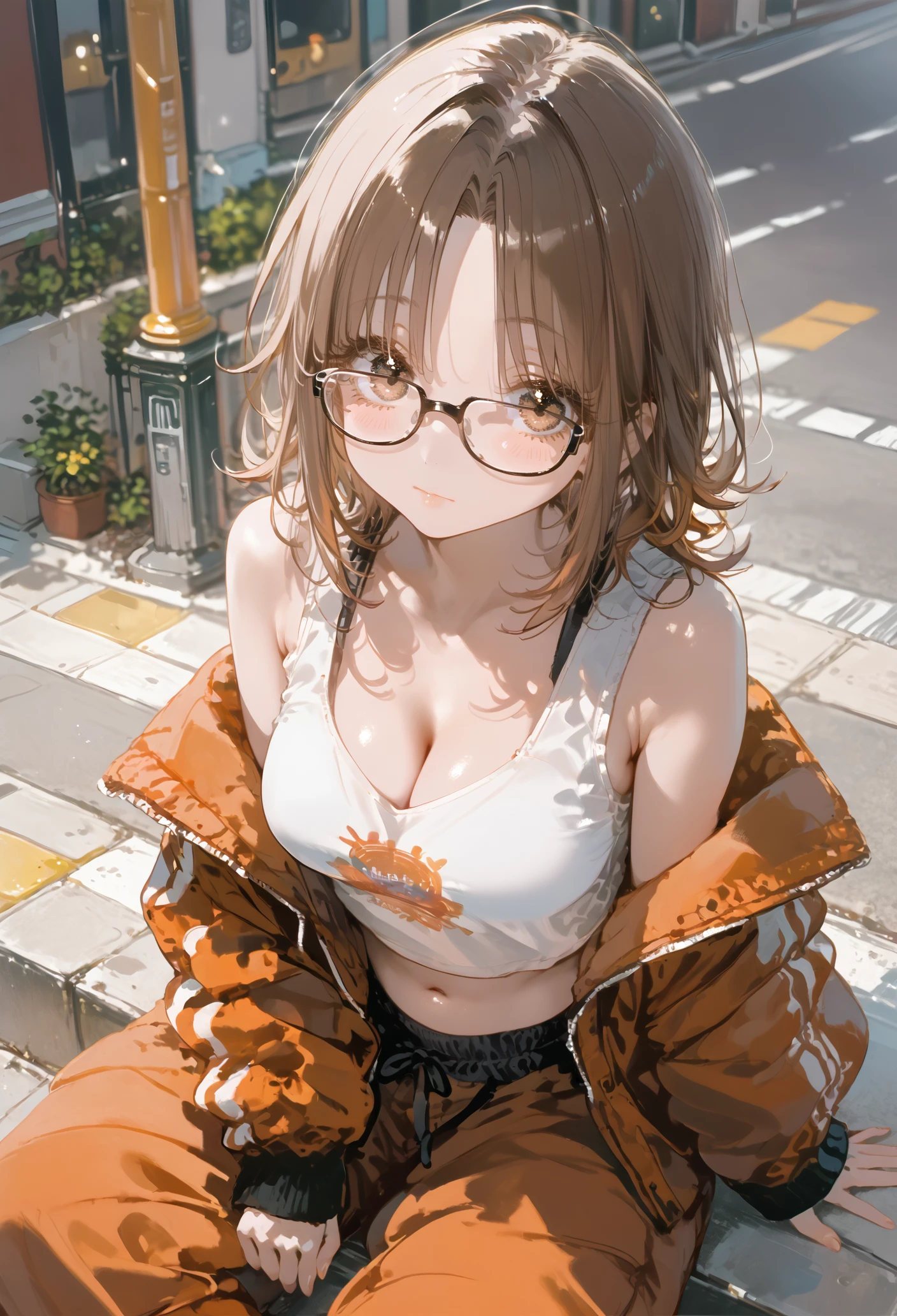 score_9, score_8_up, score_7_up, best quality, source_anime BREAK, ima_AI123, 1girl, brown hair, parted bangs, medium hair, brown eyes, tomboy, baggy clothes, tank top, jacket, baggy pants, glasses, cleavage, medium breasts, navel, street, sitting, from above, <lora:ima_AI123:1>