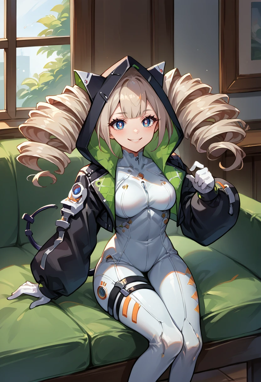 score_9, score_8_up, source_anime, 1girl, solo, ShiroToF, multicolored eyes, grey hair, twintails, twin drills, animal hood, black jacket, cropped jacket, white gloves, white bodysuit, thigh strap, mechanical tail, sitting, indoors, smile, on couch, <lora:ChamShiroToFPonyXL:1>