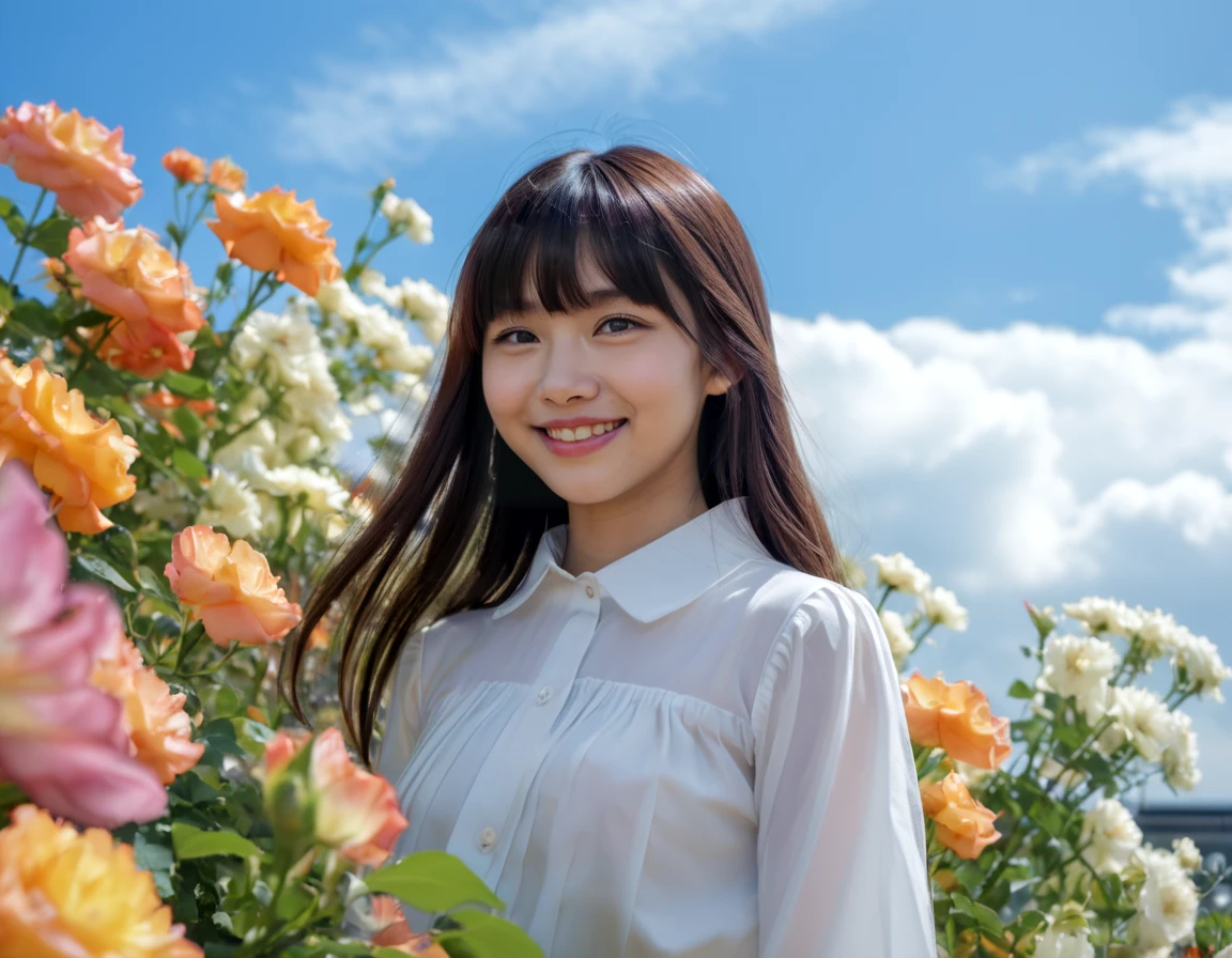 Hight detail RAW color photo, professional photograph, (Strong saturation:2.0),
beautiful japanese woman, 20 yo, Straight long hair with bangs, Big round eyes, smiling,
Long sleeve collared white blouse and A Pleated loose skirt, 
(Colorful flowers blooming in the garden:1.4), blue sky, cloud<lora:roseyard:1>