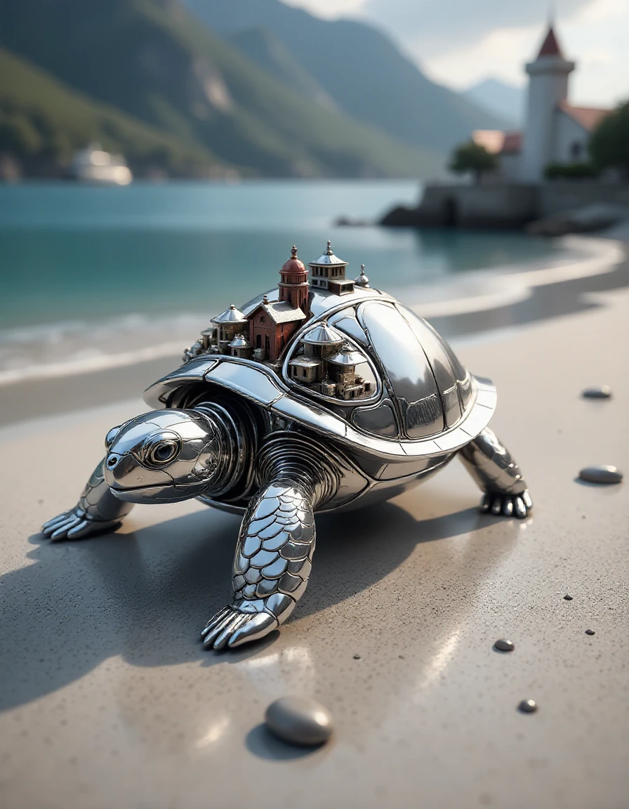 made out of polishedsteel, a turtle resting on a beach with a miniatur town on the back,  <lora:flux-polishedsteelstyle:1>,