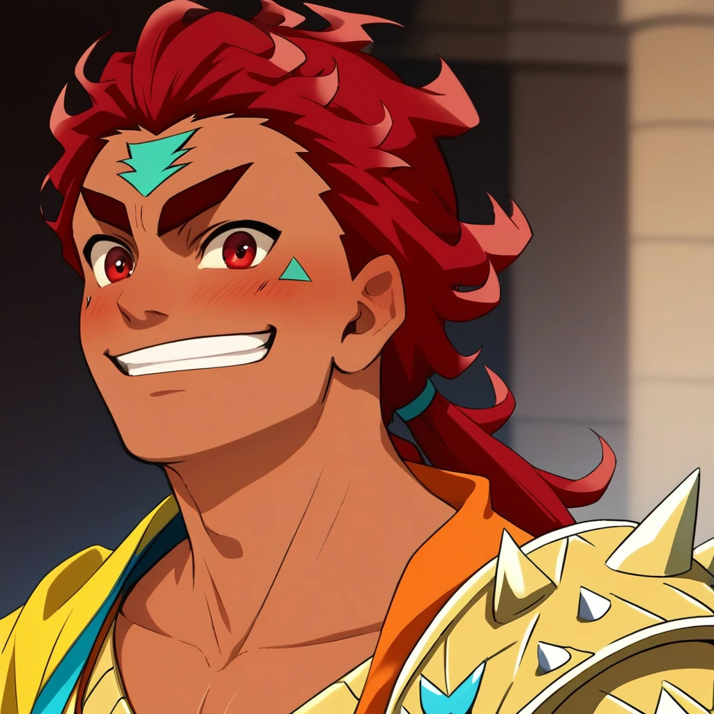 1boy,solo,male,handsome,muscular,semi-realistic,blush,smile,grin,rashad,facial marks,jewelry,forehead mark,red hair,low ponytail,dark skin,red eyes,collarbone,orange dougi,1 spiked armor shoulder,male cleavage,yellow robe with only a left sleeve,white robe,multicolored robe,dark leggings,red boots