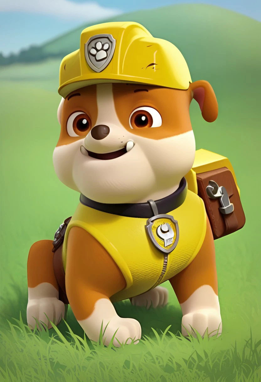 BREAK Score_9_up, Score_8_up, Score_7_up, source_anime, 1boy, solo, Rubble_Pp, brown fur, beige fur, brown eyes, brown spots, black collar, feral, yellow helmet, yellow vest, grass, day,