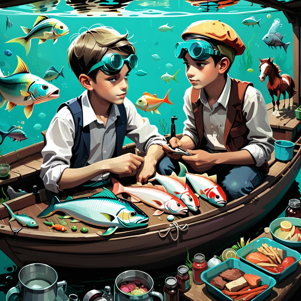 bracelet, boat, gloves, horse, fish, goggles on head, food, looking at another, multiple boys