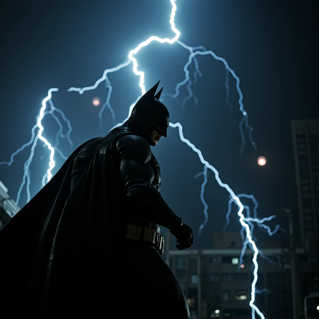 UHD, 4k, ultra detailed, cinematic, a photograph of  <lora:Bleach bypass v2c:1>
Silver themed color, In cinematic Bleach bypass Film style, batman, the dark knight, looking at camera, gotham city, night, lightning, thunder storm, wet, epic, beautiful lighting, inpsiring